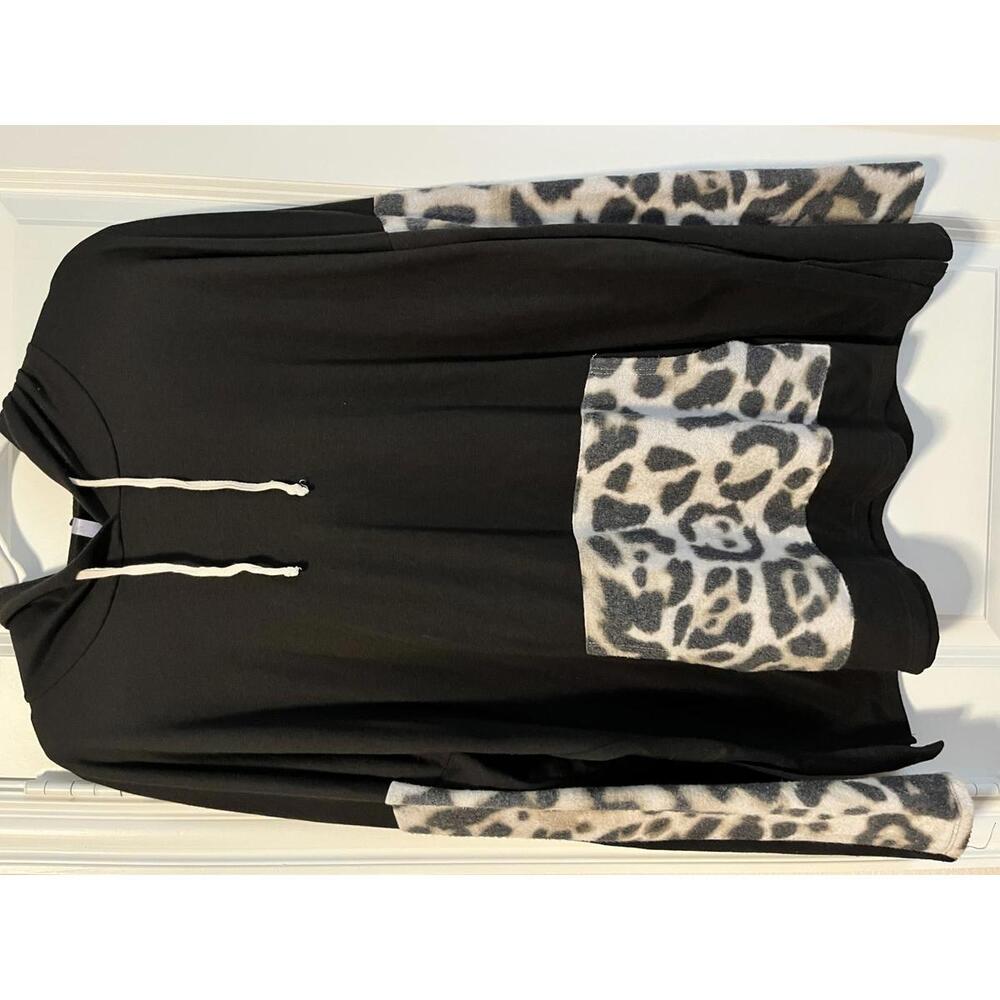Black Pullover Hoodie with Leopard Print Accents